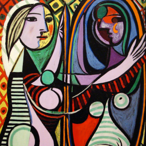 mujer ante espejo pablo picassoesta frase describe una pintura de pablo picasso que muestra una mujer con el rostro reflejado en un espejo